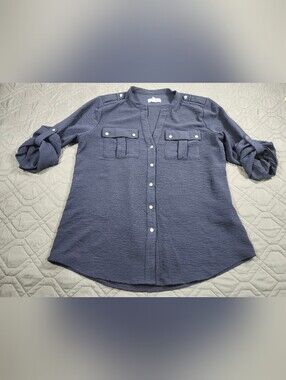 Calvin Klein navy blue blouse roll-tab sleeves two button-closure pockets Size L